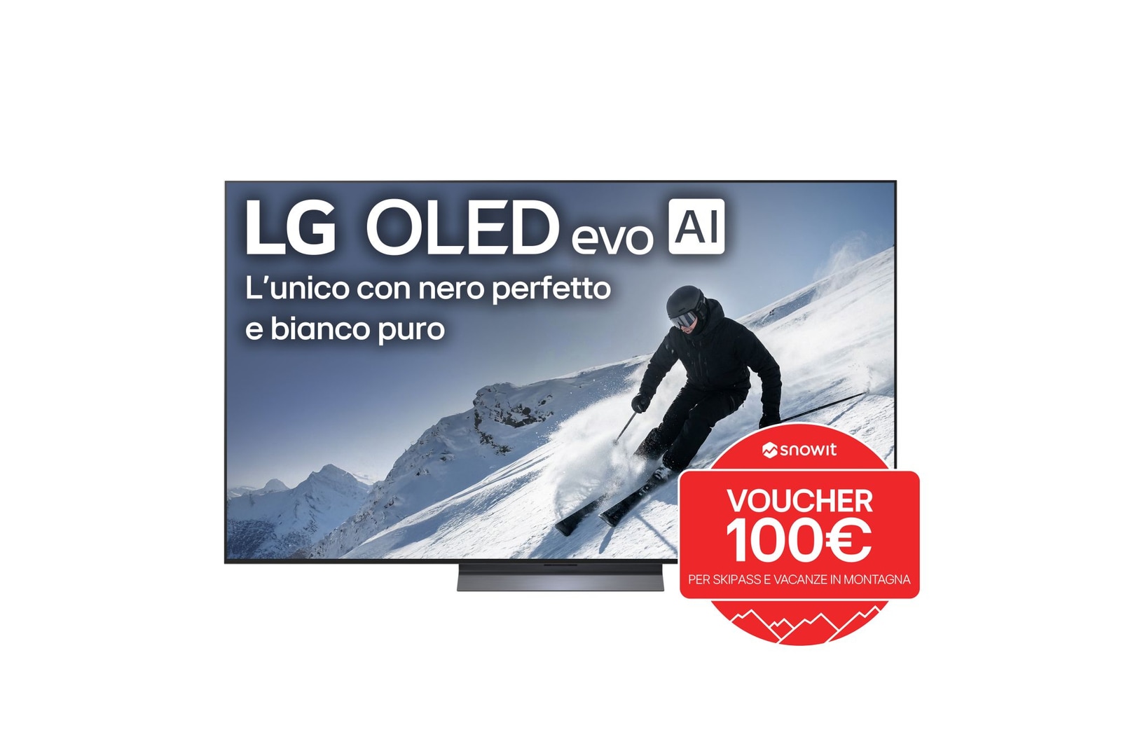 Vista frontale di una TV 77 pollici LG OLED evo AI C5 4K Smart TV 2025 OLED77C55LA con bolo promozione